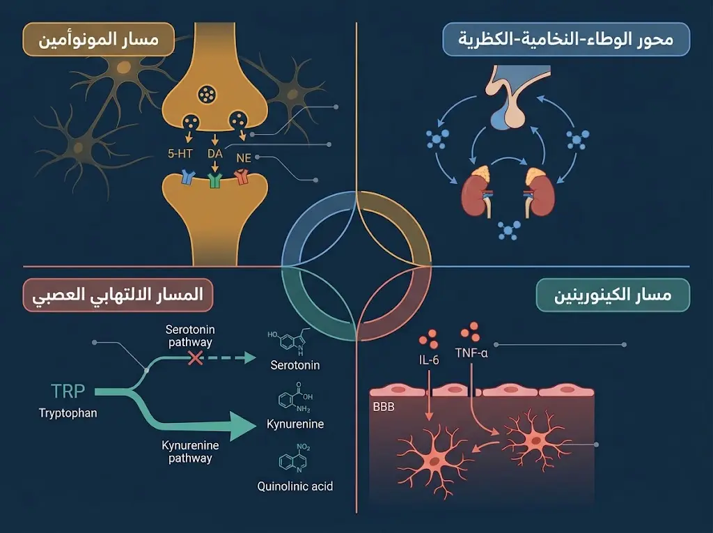رسم طبي يوضح المسارات البيوكيميائية الأربعة المرتبطة بالاكتئاب: مسار المونوأمين ومحور HPA والمسار الالتهابي العصبي ومسار الكينورينين
