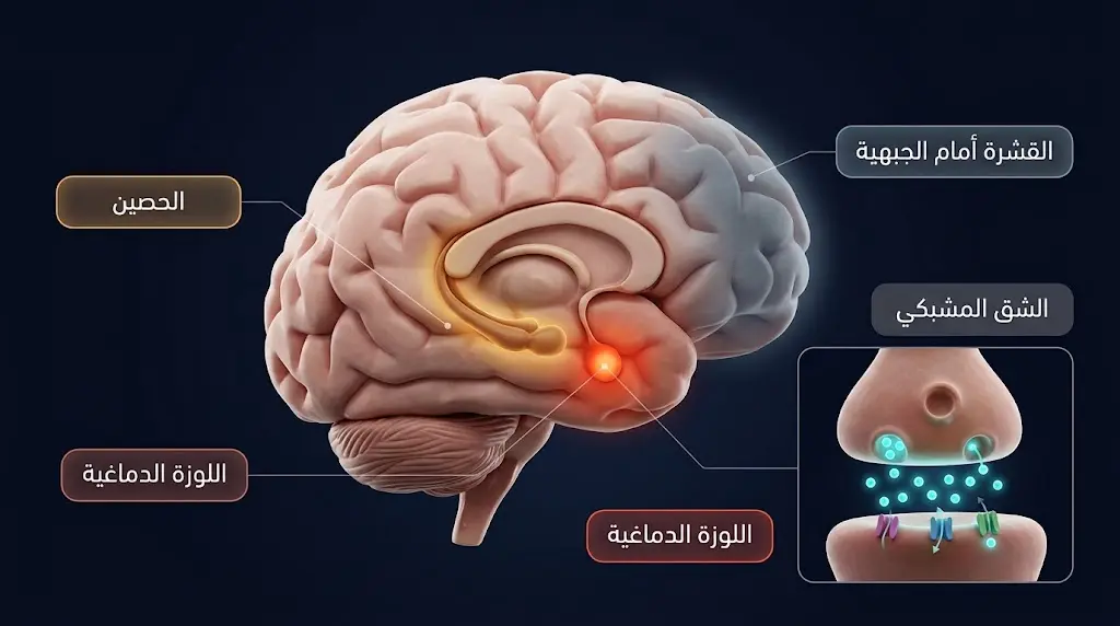 رسم طبي تشريحي دقيق للدماغ يوضح مناطق تأثر الاكتئاب: القشرة أمام الجبهية والحصين واللوزة الدماغية مع تكبير للشق المشبكي