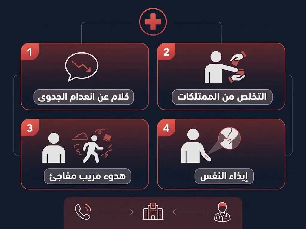 رسم تحذيري طبي يُوضّح علامات طوارئ الاكتئاب التي تستوجب التدخل الفوري مع خطوات الإجراءات المطلوبة
