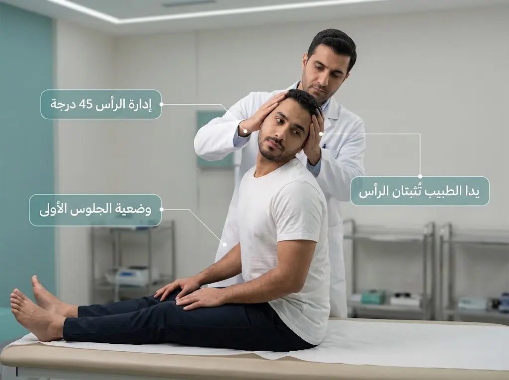 طبيب يُجري مناورة ديكس-هولبايك على مريض في غرفة فحص طبية نظيفة لتشخيص دوار الوضعية
