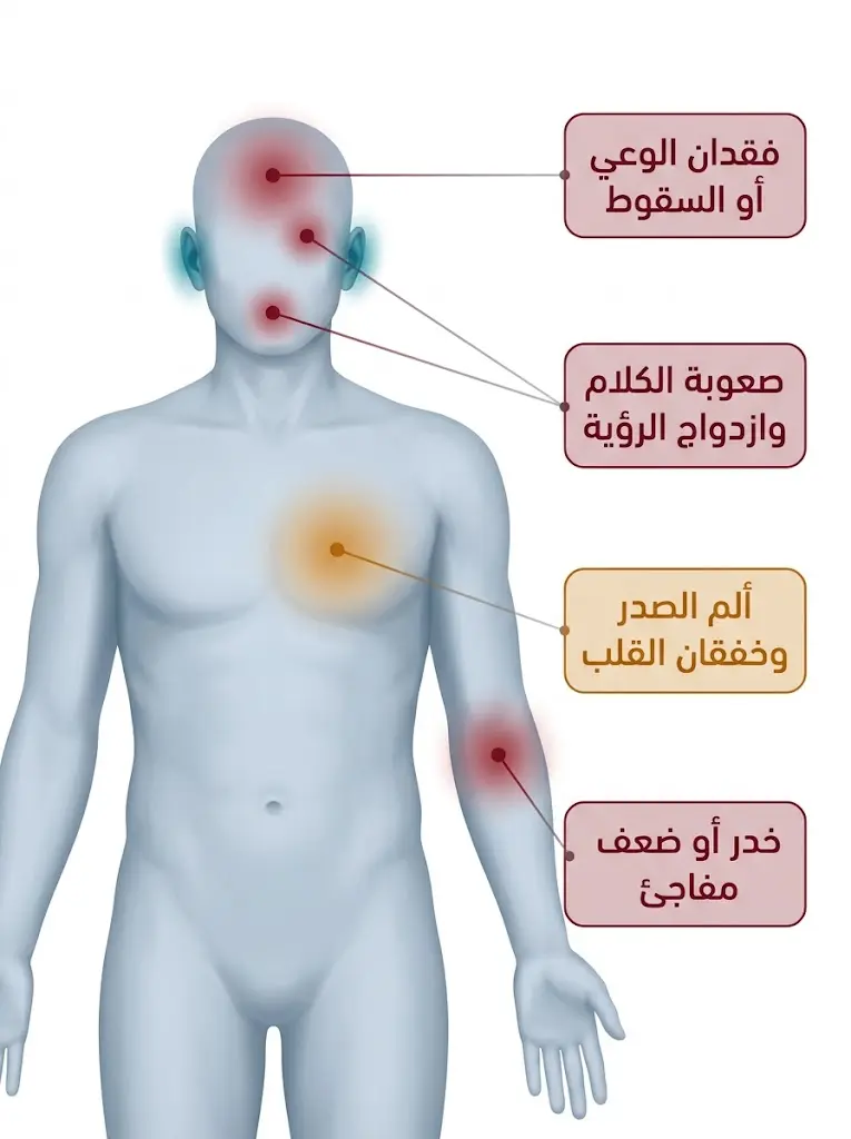 رسم طبي يُحدد مواضع علامات الخطر التي تستوجب التوجه الفوري للطوارئ عند حدوث الدوخة