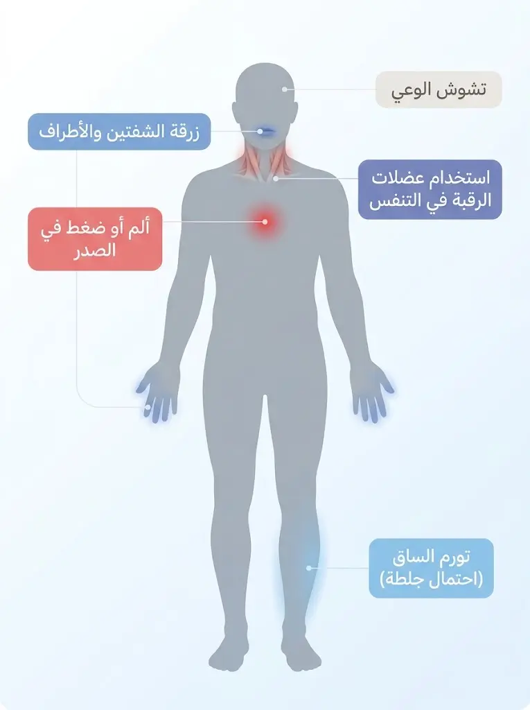 رسم طبي يُظهر علامات التحذير الخطرة لضيق التنفس على جسم الإنسان من الزرقة إلى تورم الساق