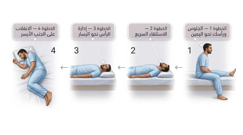 أربع خطوات مصورة لمناورة إيبلي المنزلية لعلاج دوار الوضعية الانتيابي الحميدي في الأذن اليمنى