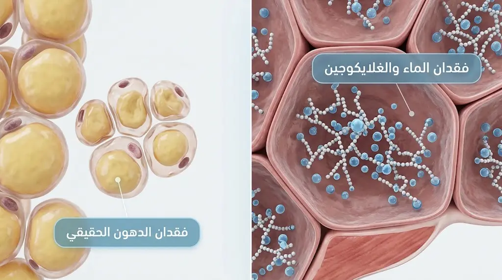 مقارنة توضيحية بين فقدان الماء والغلايكوجين وفقدان الدهون الفعلي