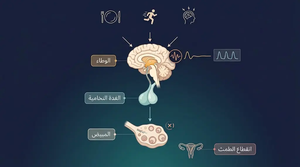 رسم توضيحي طبي يُظهر كيف يُعطّل الإجهاد المزمن ونقص الطاقة محور الوطاء–النخامية–المبيض مما يؤدي إلى انقطاع الطمث الوطائي الوظيفي.