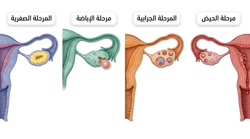رسم طبي يوضّح المراحل الأربع للدورة الشهرية مع التغيّرات في المبيض والرحم