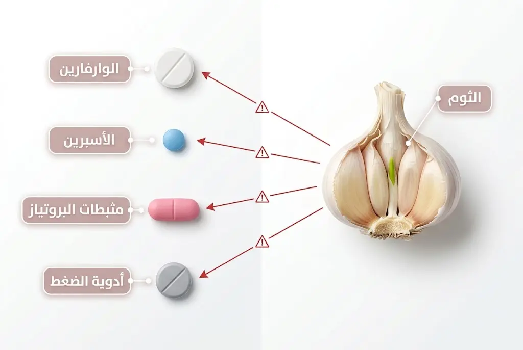 رسم توضيحي يُظهر خطوط التفاعل الدوائي الحرجة بين الثوم وأربعة أصناف من الأدوية بما فيها الوارفارين والأسبرين