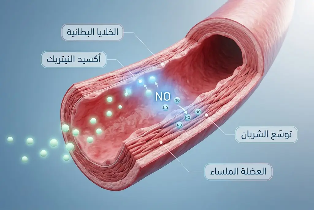 مقطع ثلاثي الأبعاد لجدار شريان يُظهر آلية إنتاج أكسيد النيتريك من الخلايا البطانية وتأثيره في ارتخاء العضلة الملساء وتوسيع الشريان