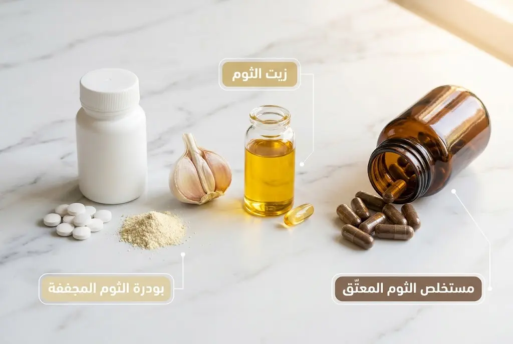 صورة تُقارن ثلاثة أشكال تجارية من مكملات الثوم: المستخلص المعتّق وزيت الثوم وبودرة الثوم المجففة على خلفية رخامية