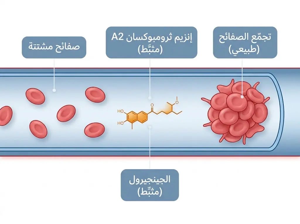 رسم طبي يُظهر كيف يُثبّط الجينجيرول إنزيم الثرومبوكسان ويُعيق تجمّع الصفائح الدموية