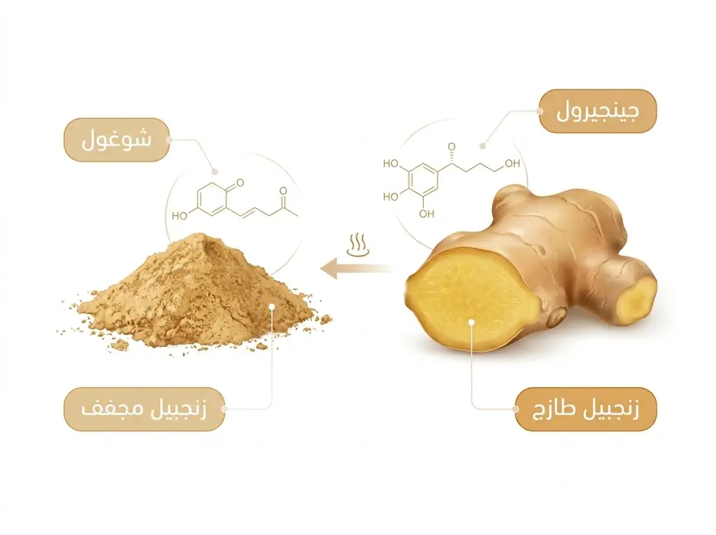 مقارنة بين مركبَي الجينجيرول في الزنجبيل الطازج والشوغول في الزنجبيل المجفف