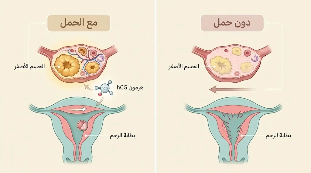 رسم توضيحي طبي دقيق يقارن بين مسار الجسم الأصفر وبطانة الرحم في حالة الحمل وغياب الحمل، موضحاً دور هرمون hCG في إيقاف الدورة الشهرية.