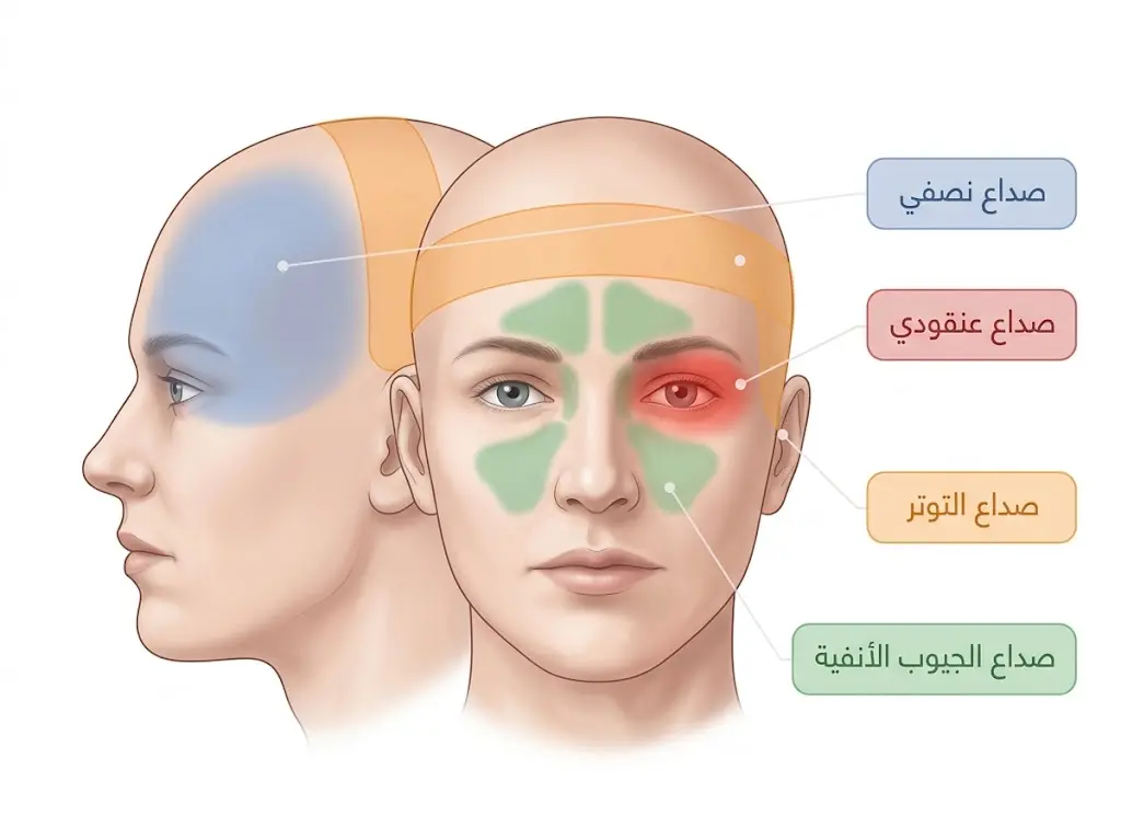 خريطة توضح مواقع أنواع الصداع المختلفة على الرأس