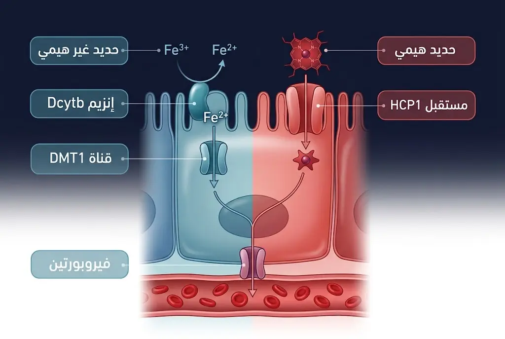 رسم طبي علمي يُوضح مساري امتصاص الحديد الهيمي وغير الهيمي عبر خلايا جدار الأمعاء الدقيقة.