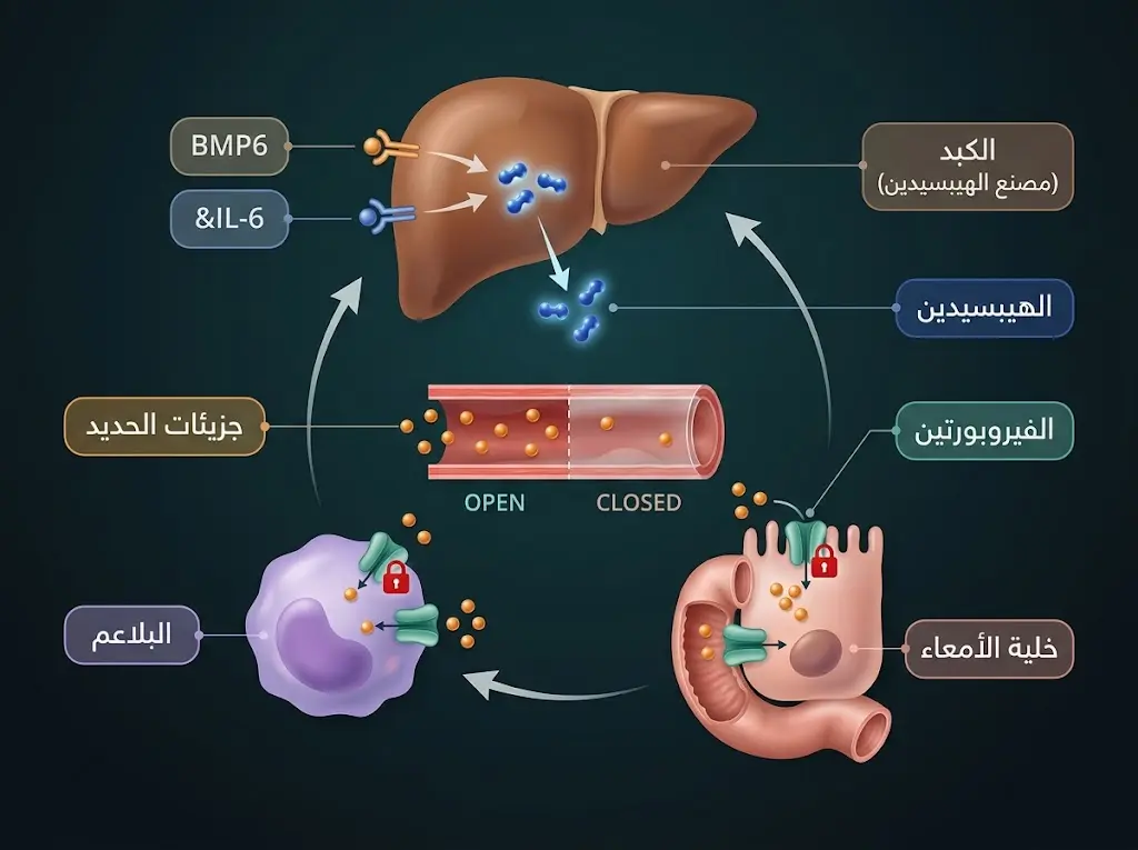 رسم طبي علمي يُوضح محور الهيبسيدين-فيروبورتين في تنظيم توازن الحديد بين الكبد والأمعاء والبلاعم.