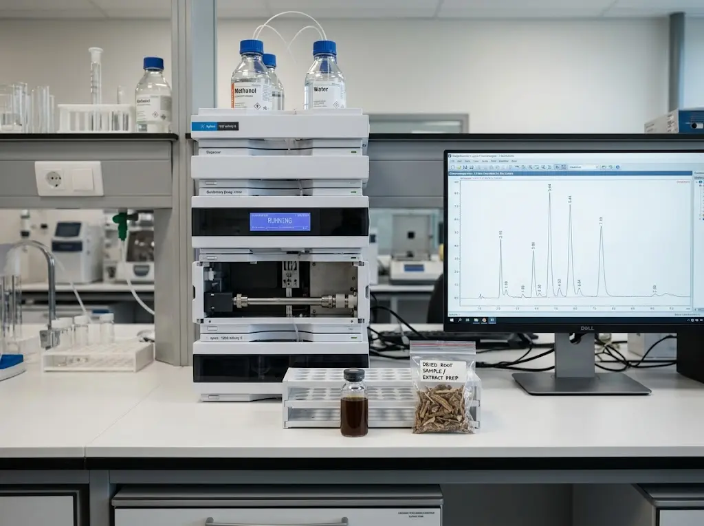جهاز HPLC في مختبر علمي لتحليل مستخلصات نباتية والكشف عن الملوثات