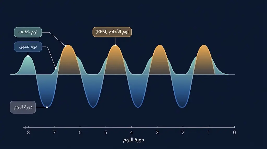 رسم طبي علمي يوضح مراحل دورة النوم الإنسانية خلال ليلة كاملة بما فيها النوم الخفيف والعميق ومرحلة الأحلام.