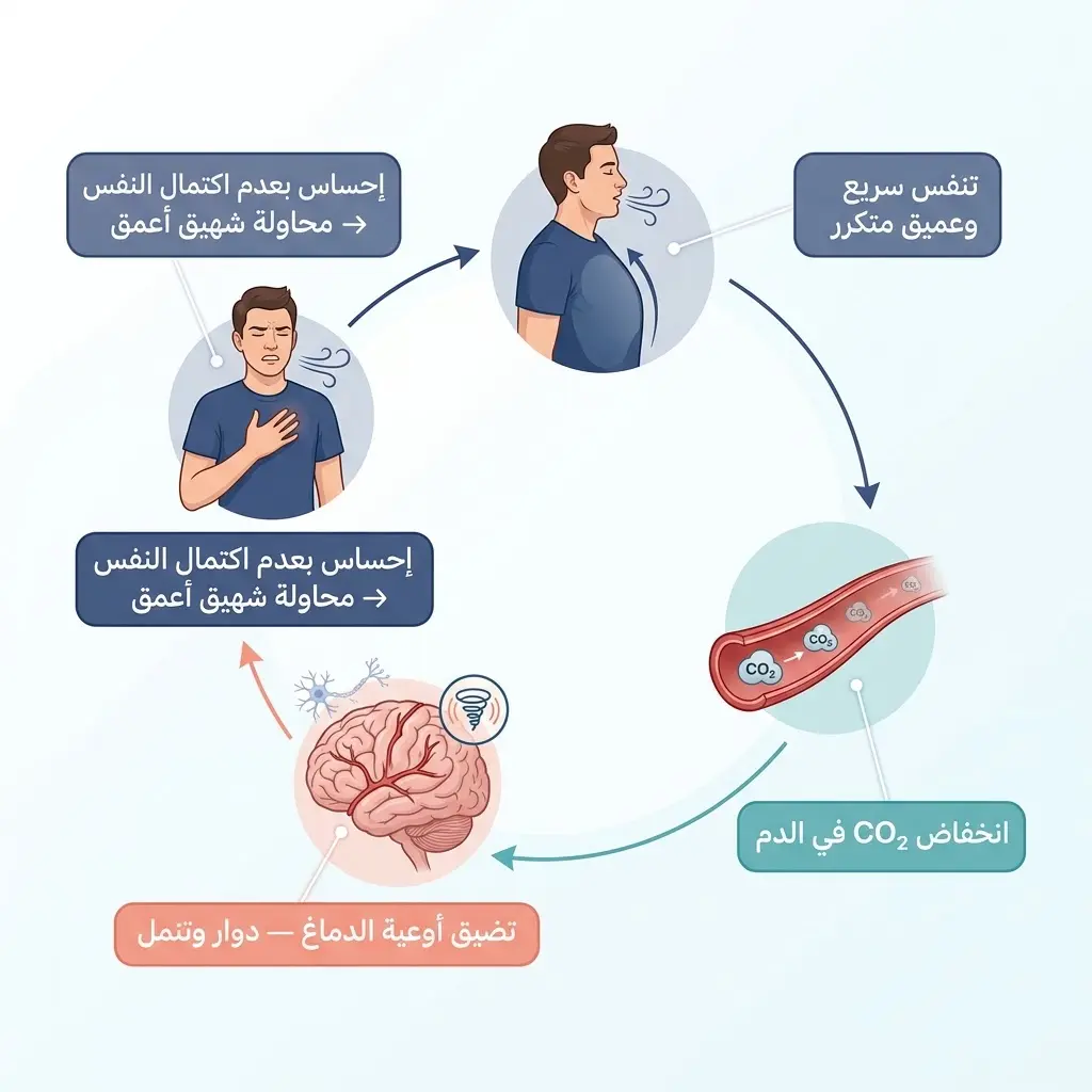 مخطط دائري يوضح الحلقة المفرغة لفرط التهوية من التنفس العميق المتكرر إلى انخفاض CO2 والدوار وتعمق الإحساس بالكتمة