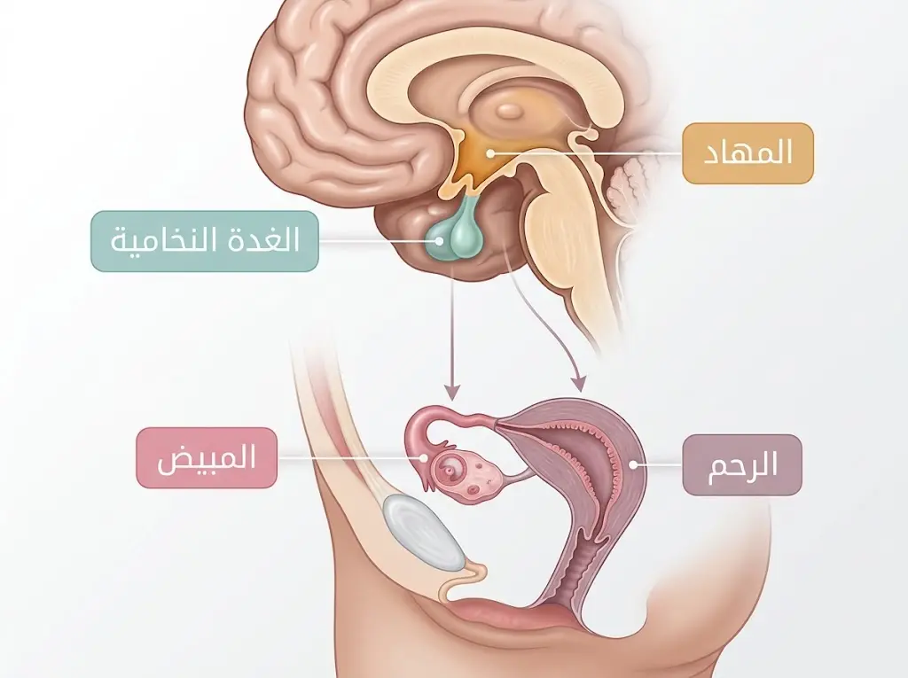  رسم تشريحي طبي يوضّح المحور الهرموني بين المهاد والنخامية والمبيض والرحم