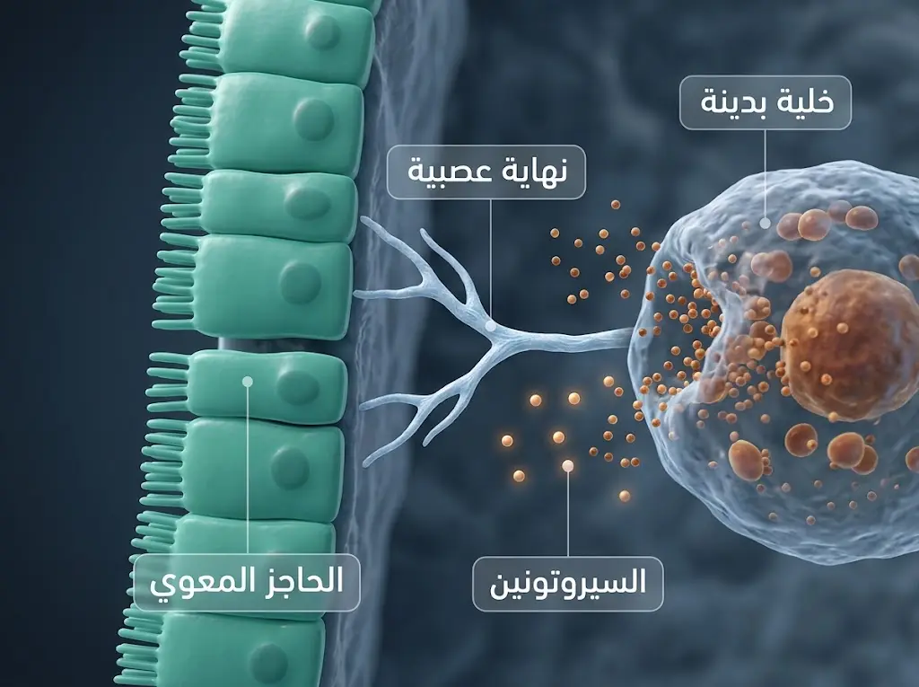 رسم ثلاثي الأبعاد دقيق يُوضّح الآليات الجزيئية للقولون العصبي على مستوى الغشاء المخاطي للأمعاء مع الخلايا البدينة والنهايات العصبية وجزيئات السيروتونين.