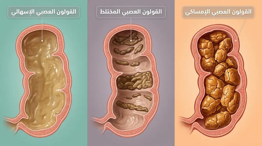 رسم طبي مقارن يُوضّح الأنماط الثلاثة للقولون العصبي: الإمساكي والمختلط والإسهالي.