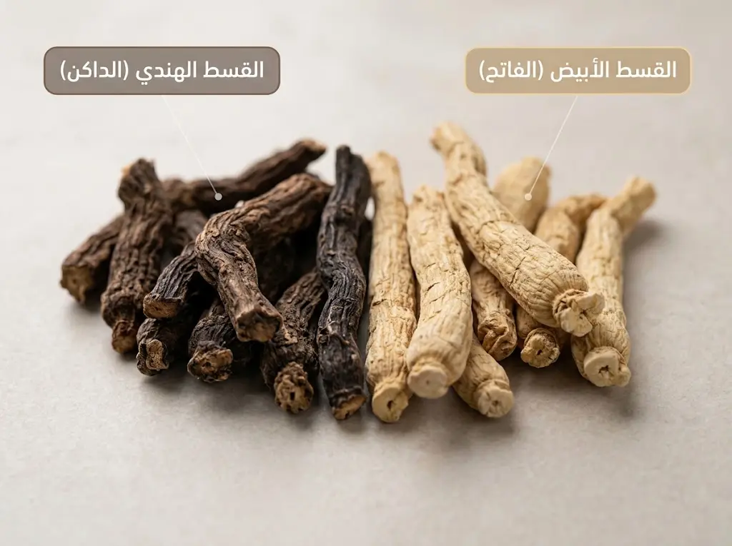 مقارنة بين جذور القسط الهندي الداكنة وجذور القسط الأبيض الفاتحة