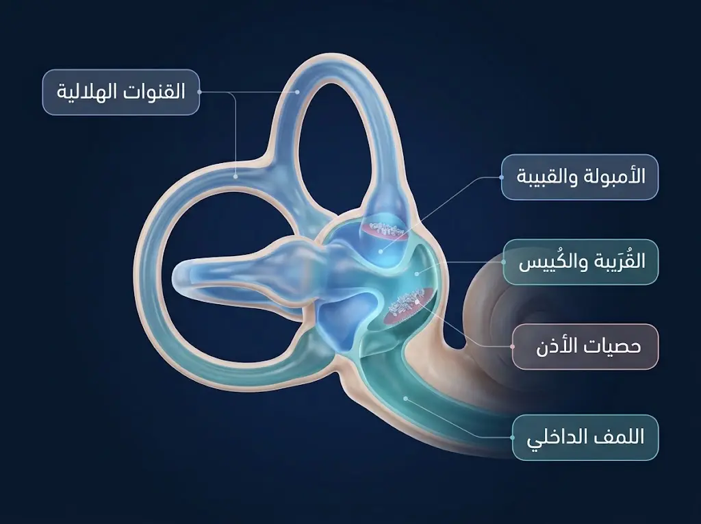مجسم ثلاثي الأبعاد للأذن الداخلية يُظهر القنوات الهلالية والقُرَيبَة والكُيَيس وحصيات الأذن