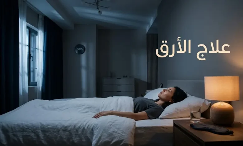 شخص مستيقظ في منتصف الليل يحدق في السقف مع ضوء قمر خافت يتسلل من النافذة — علاج الأرق.