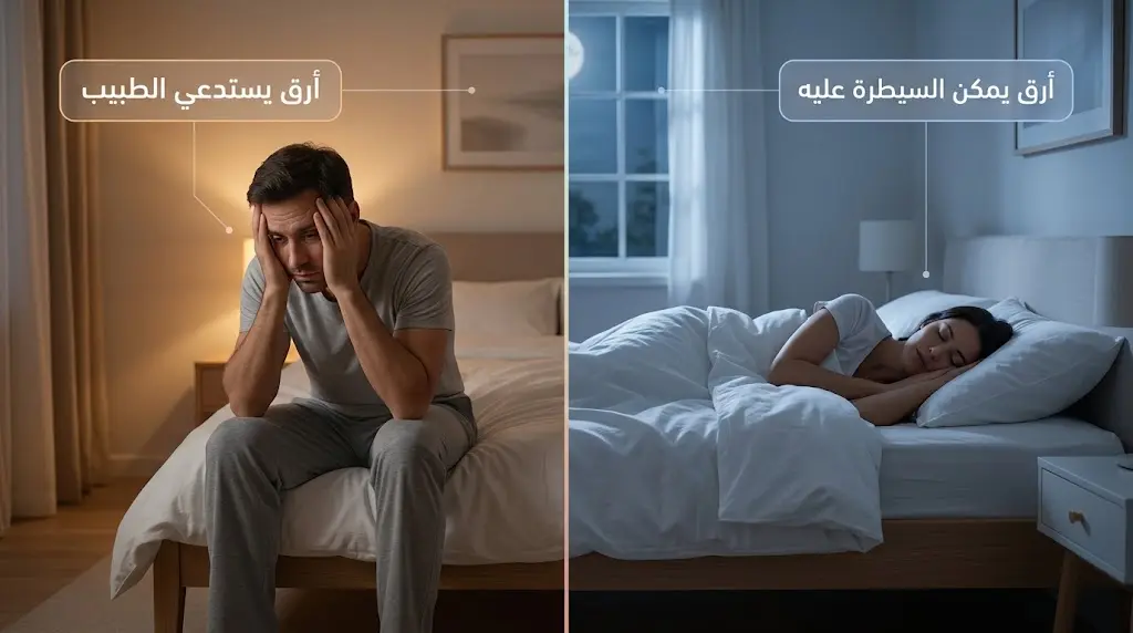 مقارنة بصرية بين الأرق العادي القابل للسيطرة والأرق الذي يستدعي زيارة الطبيب مع علامات تحذيرية سريرية