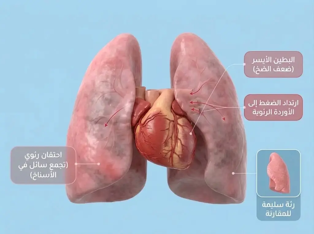 رسم طبي ثلاثي الأبعاد يوضح كيف يؤدي ضعف البطين الأيسر إلى احتقان الأوردة الرئوية وتجمع السائل في الرئتين مسبباً ضيق التنفس
