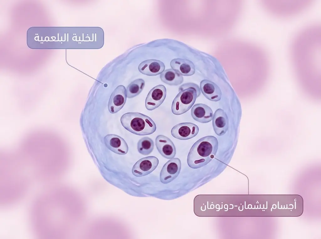 أجسام ليشمان-دونوفان داخل خلية بلعمية تحت المجهر بعد صبغة جيمسا