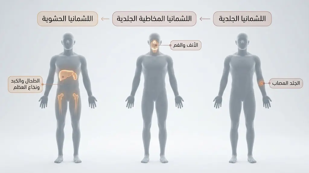 مقارنة تشريحية بين الأماكن المصابة في الأشكال السريرية الثلاثة لمرض اللشمانيا