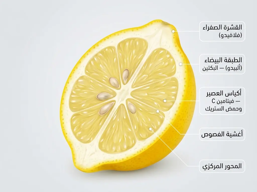 مقطع تشريحي علمي لثمرة الليمون يُظهر طبقاتها الداخلية من القشرة الصفراء إلى الطبقة البيضاء وأكياس العصير بتسميات عربية دقيقة