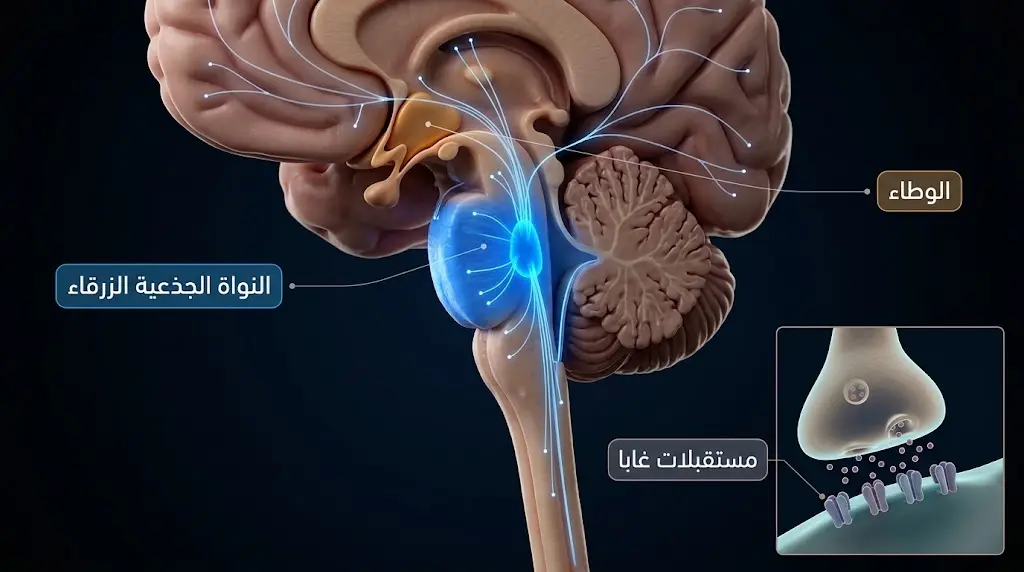 تمثيل ثلاثي الأبعاد لجذع الدماغ يُظهر النواة الجذعية الزرقاء ومسارات النورأدرينالين ومستقبلات غابا