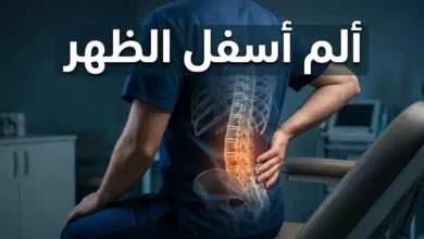 صورة غلاف مقال ألم أسفل الظهر تُظهر العمود الفقري القطني مع تمييز منطقة الألم