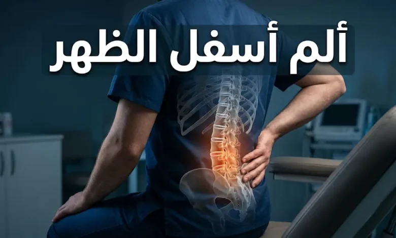 صورة غلاف مقال ألم أسفل الظهر تُظهر العمود الفقري القطني مع تمييز منطقة الألم