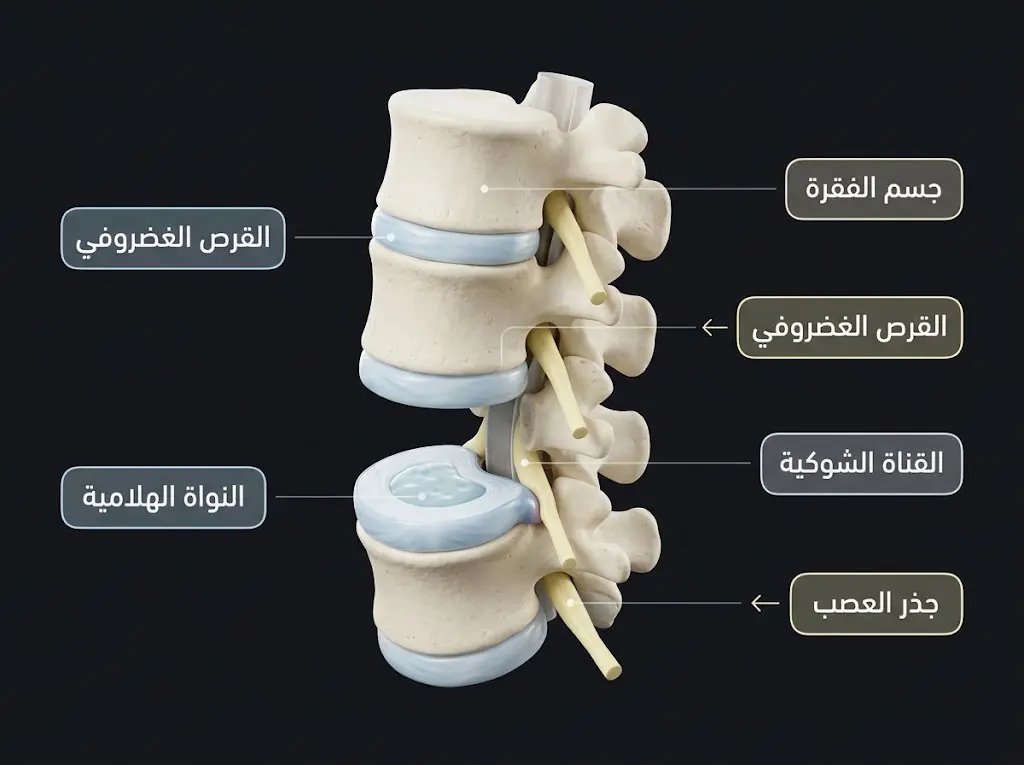 رسم تشريحي ثلاثي الأبعاد للعمود الفقري القطني يُظهر الفقرات والأقراص الغضروفية والقناة الشوكية والجذور العصبية