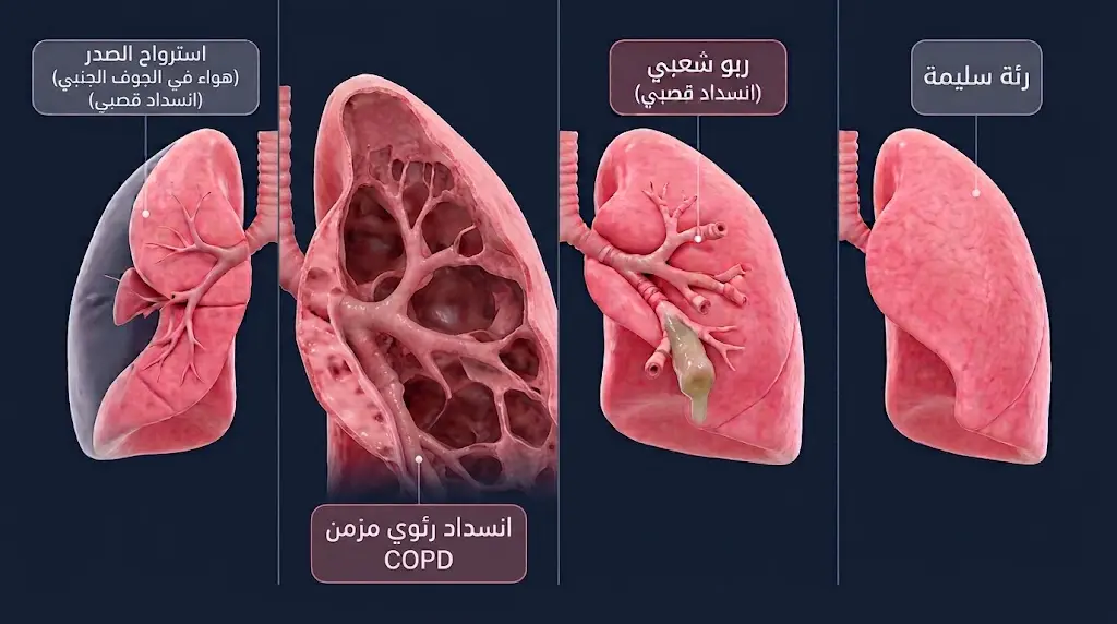 مقارنة ثلاثية الأبعاد بين الرئة السليمة والرئة المصابة بالربو والانسداد الرئوي المزمن واسترواح الصدر