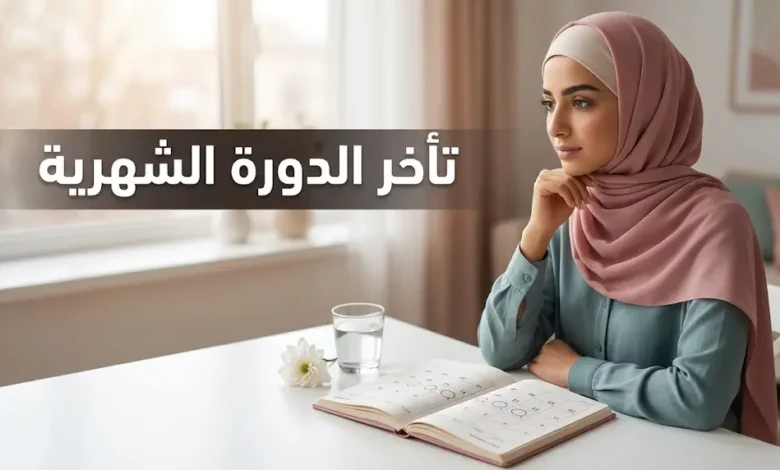 امرأة عربية شابة تتأمل تقويمها الصحي بجانب نافذة مضاءة بضوء طبيعي دافئ، في مشهد يرمز إلى متابعة الدورة الشهرية كعلامة حيوية.