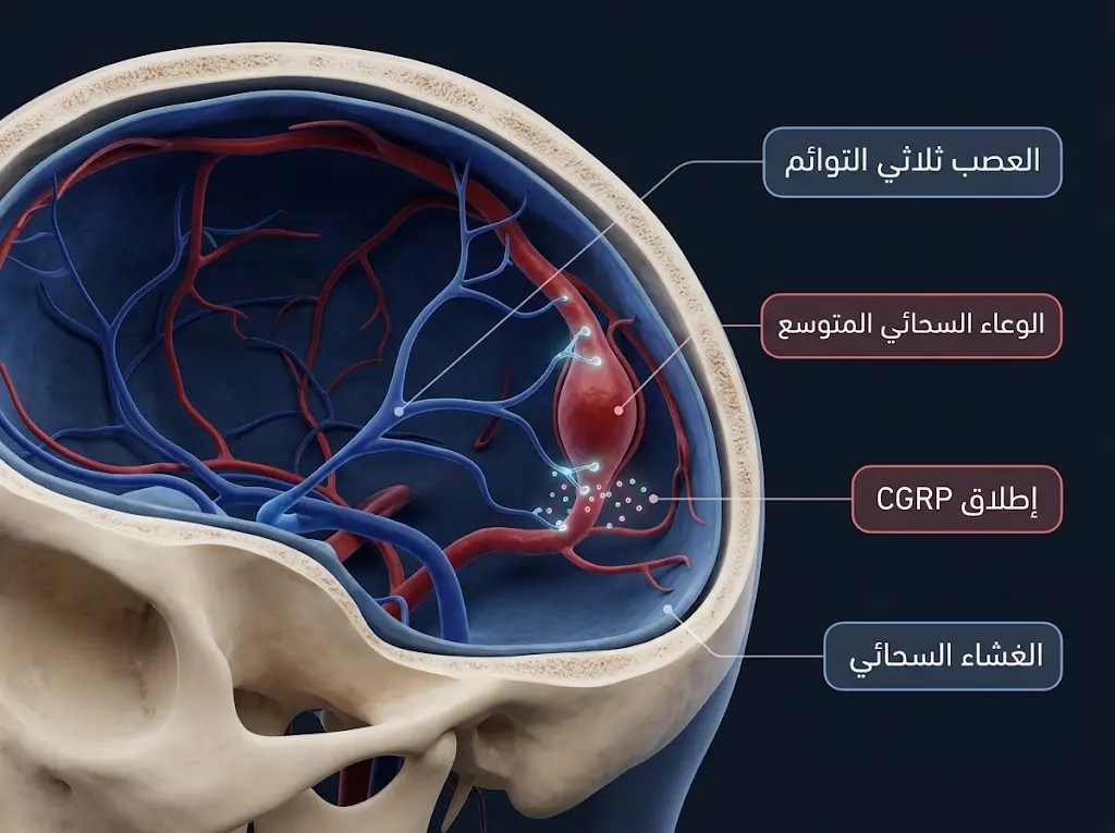 رسم ثلاثي الأبعاد يوضح آلية حدوث الصداع النصفي داخل الجمجمة