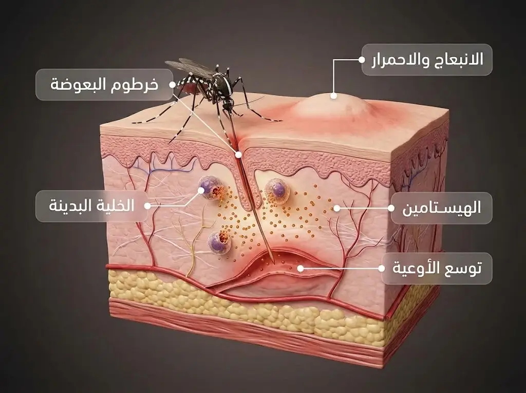 مقطع تشريحي ثلاثي الأبعاد يشرح آلية إفراز الهيستامين وتفاعل الجلد بعد لدغة البعوضة