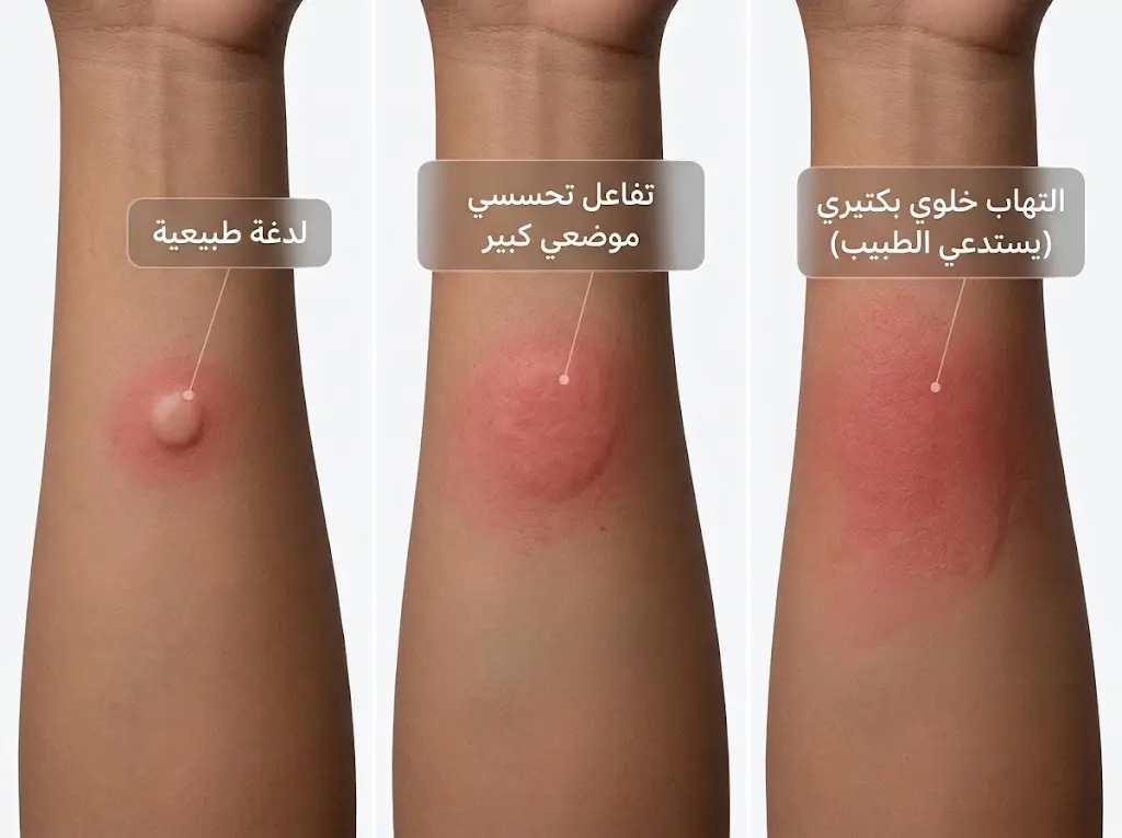 مقارنة سريرية بين تفاعل اللدغة الطبيعي والتفاعل التحسسي الكبير والتهاب الخلية البكتيري على جلد الإنسان