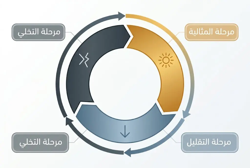 مخطط دائري يُوضّح دورة الاستغلال النرجسي بمراحلها الثلاث المتكررة.