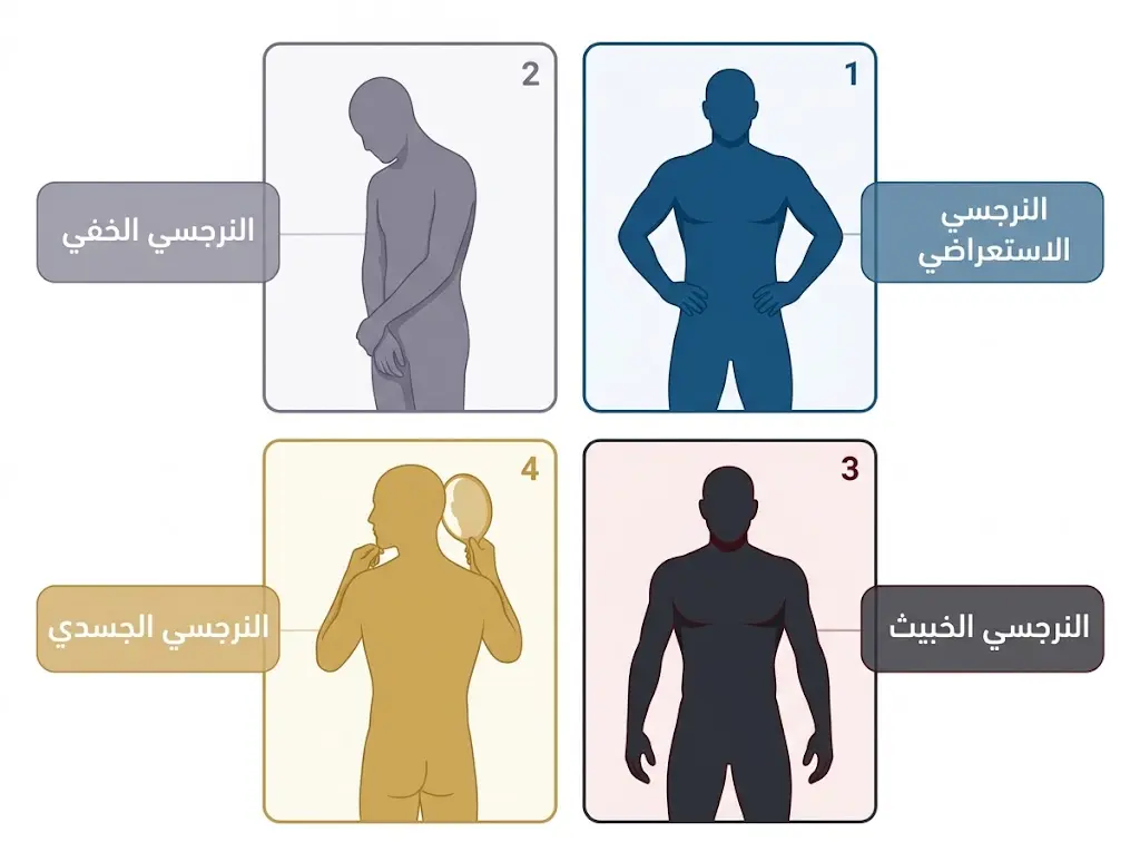 مخطط طبي يُقارن بين الأنماط الأربعة الرئيسة لاضطراب الشخصية النرجسية.