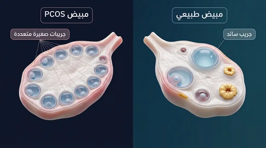 مقارنة ثلاثية الأبعاد عالية الدقة بين مبيض طبيعي يحتوي على جريب سائد ومبيض مصاب بمتلازمة المبيض المتعدد الكيسات يُظهر جريبات صغيرة متعددة على المحيط.