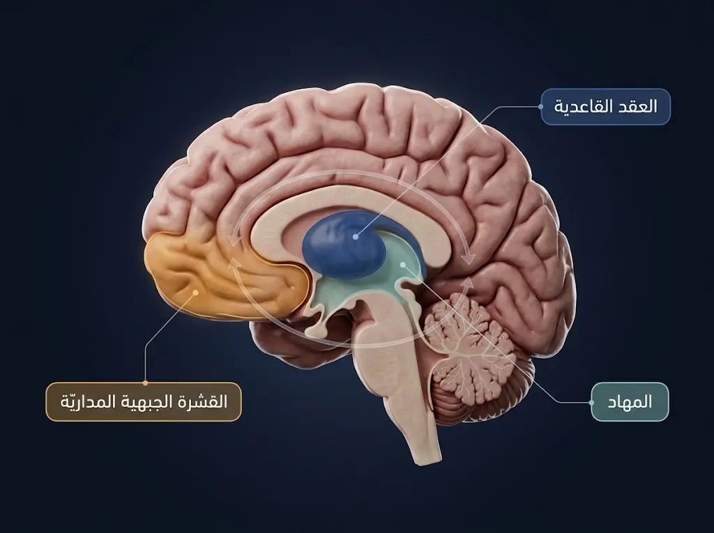 مقطع تشريحي للدماغ يُظهر القشرة الجبهية المداريّة والعقد القاعدية والمهاد وعلاقتها بالوسواس القهري