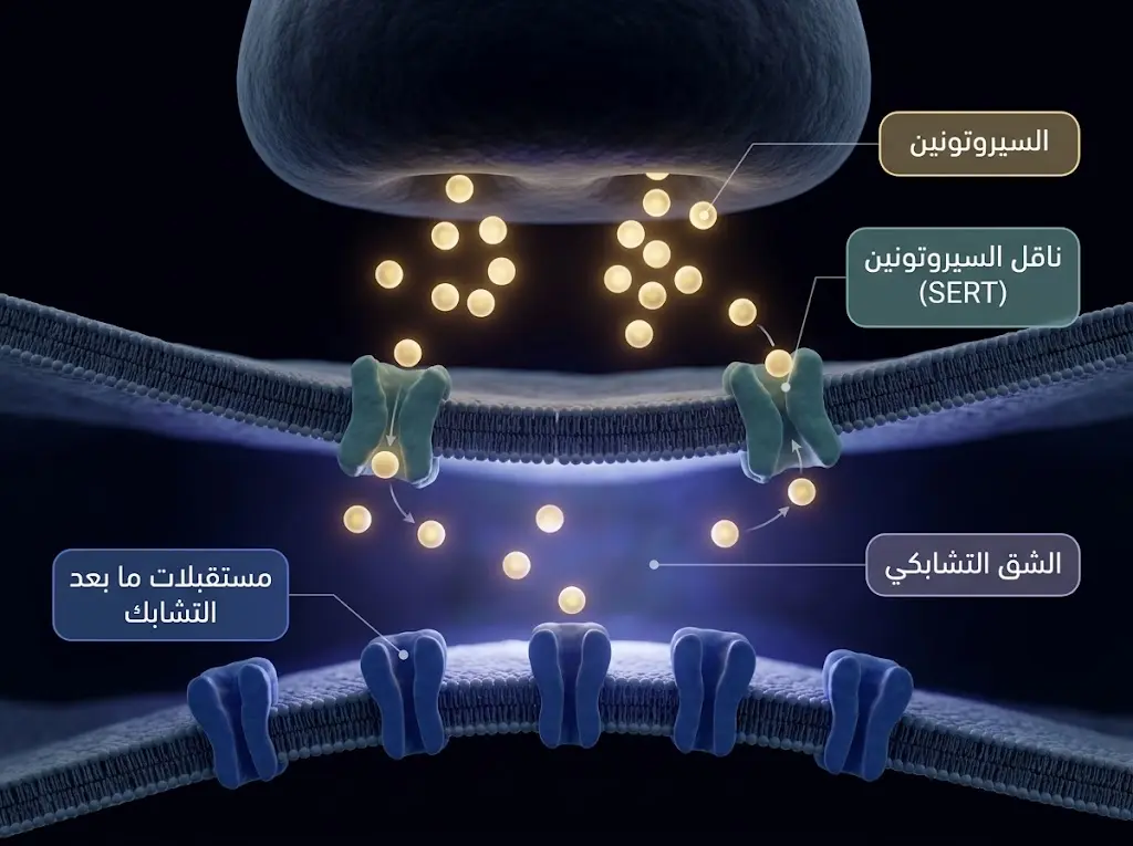 تمثيل مجهري ثلاثي الأبعاد للشق التشابكي يُظهر السيروتونين وناقله SERT ومستقبلات ما بعد التشابك وآلية إعادة الامتصاص
