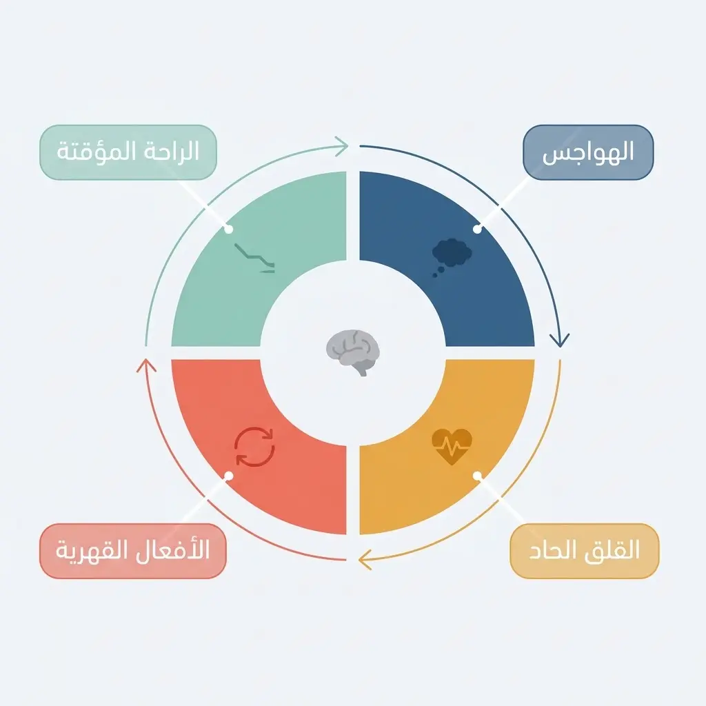 مخطط دائري يُظهر الحلقة المفرغة للوسواس القهري بمراحلها الأربع: الهواجس والقلق الحاد والأفعال القهرية والراحة المؤقتة