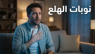 رجل يضع يده على صدره في أثناء نوبة هلع مفاجئة مع عنوان نوبات الهلع