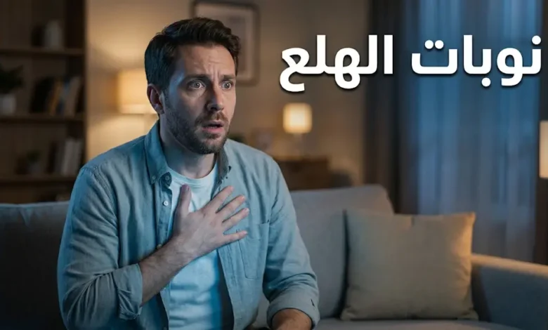 رجل يضع يده على صدره في أثناء نوبة هلع مفاجئة مع عنوان نوبات الهلع